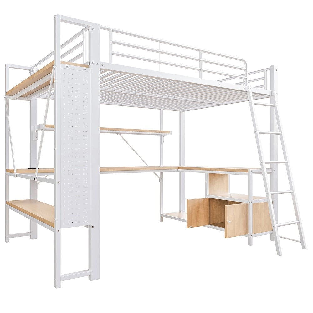 Letto a Soppalco con Scrivania, LED e Ripiani ¨C Xylo ¨C Bianco, 140x200, Metallo