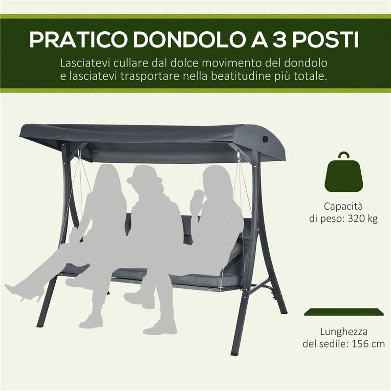 DONDOLO DA GIARDINO 3 POSTI CON TETTUCCIO REGOLABILE, IN ACCIAIO E POLIESTERE, 202X115X168 CM, GRIGIO SCURO