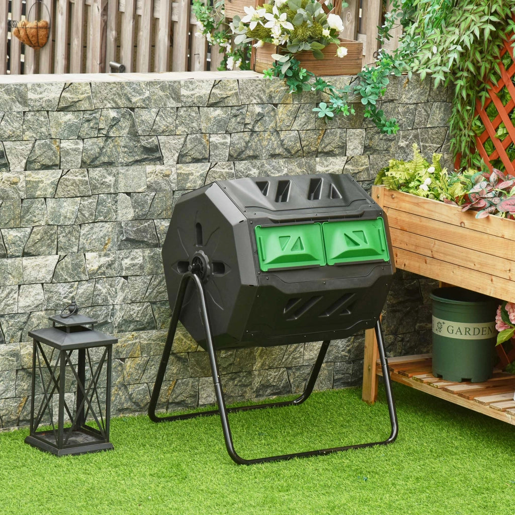 Compostiera da Giardino Girevole 71x65x96 cm a 2 Sezioni con 8 Prese d'Aria Acciaio e PP Nero