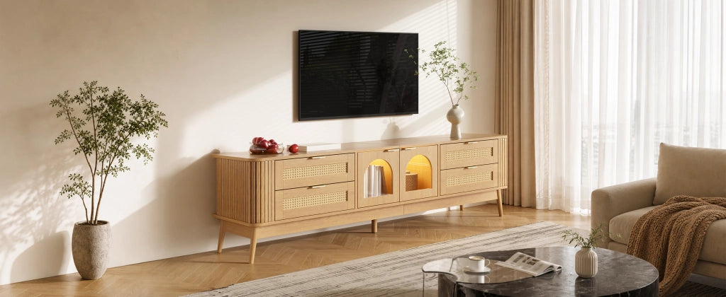 Mobile porta TV con 4 cassetti, 2 ante in vetro temperato, LED con app, in truciolare, naturale, 180 × 40 × 50 cm