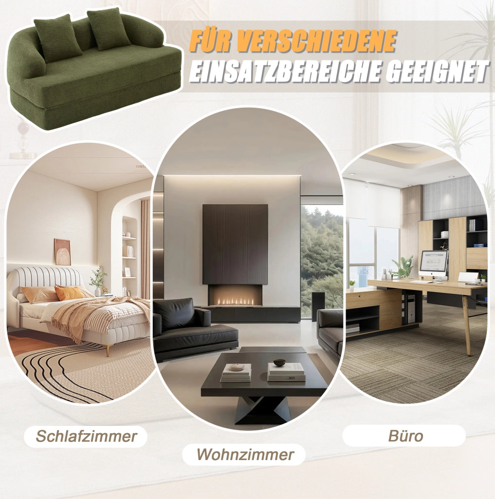 Divano letto pieghevole in chenille verde, design multifunzionale per ambienti moderni