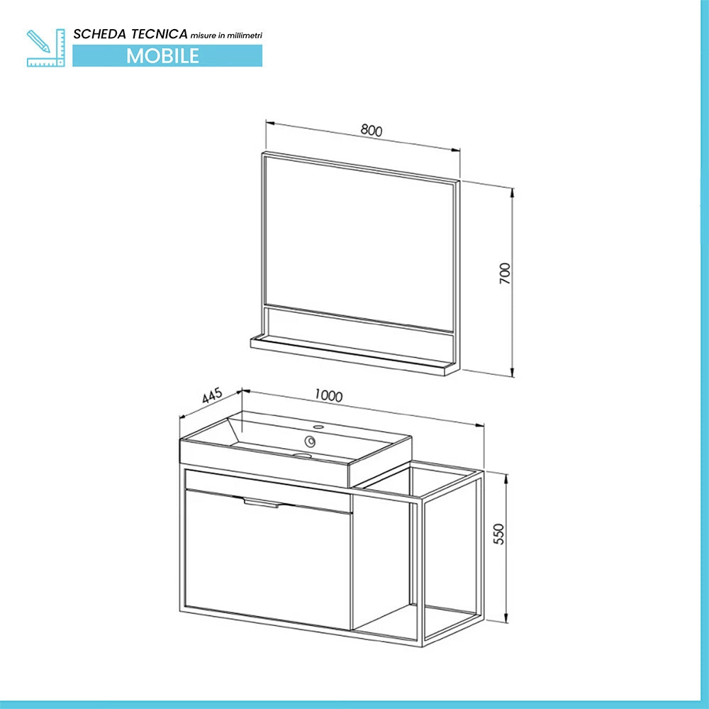 Mobile bagno sospeso 100 cm in legno e metallo nero con specchio Zante