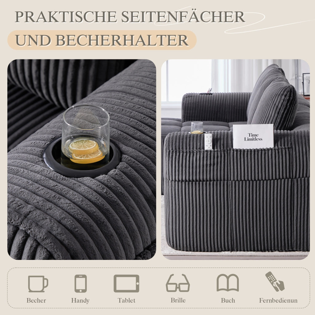 Divano modulare in velluto a coste scuro 253x158x61 cm; con tasche laterali e portabicchieri