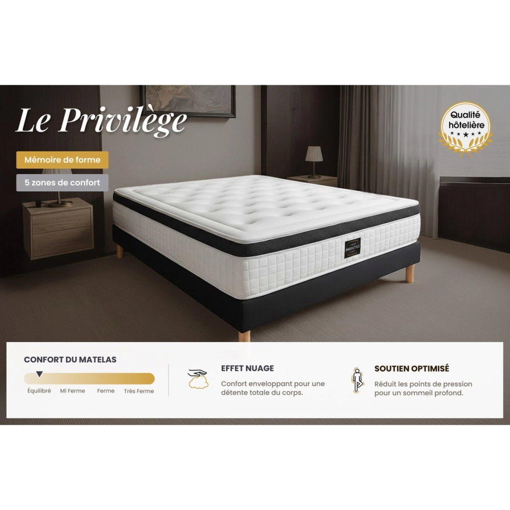 Pacchetto letto completo - Materasso 140x190cm + Box spring con doghe (kit) + 2 cuscini + Piumino - Privilège