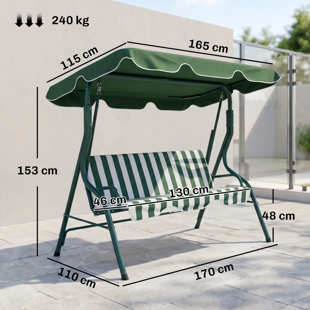 Dondolo 3 Posti con Tettuccio Regolabile e Cuscini, in Acciaio e Poliestere, 170x110x153 cm, Verde e Bianco
