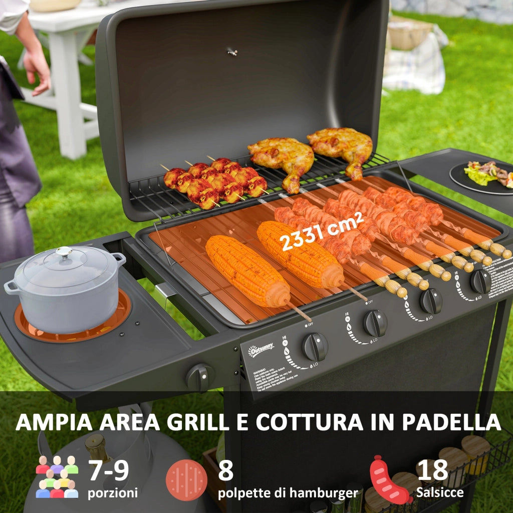 Barbecue a Gas con 4+1 Bruciatori Indipendenti 121x54x97 cm Coperchio con Termometro Nero