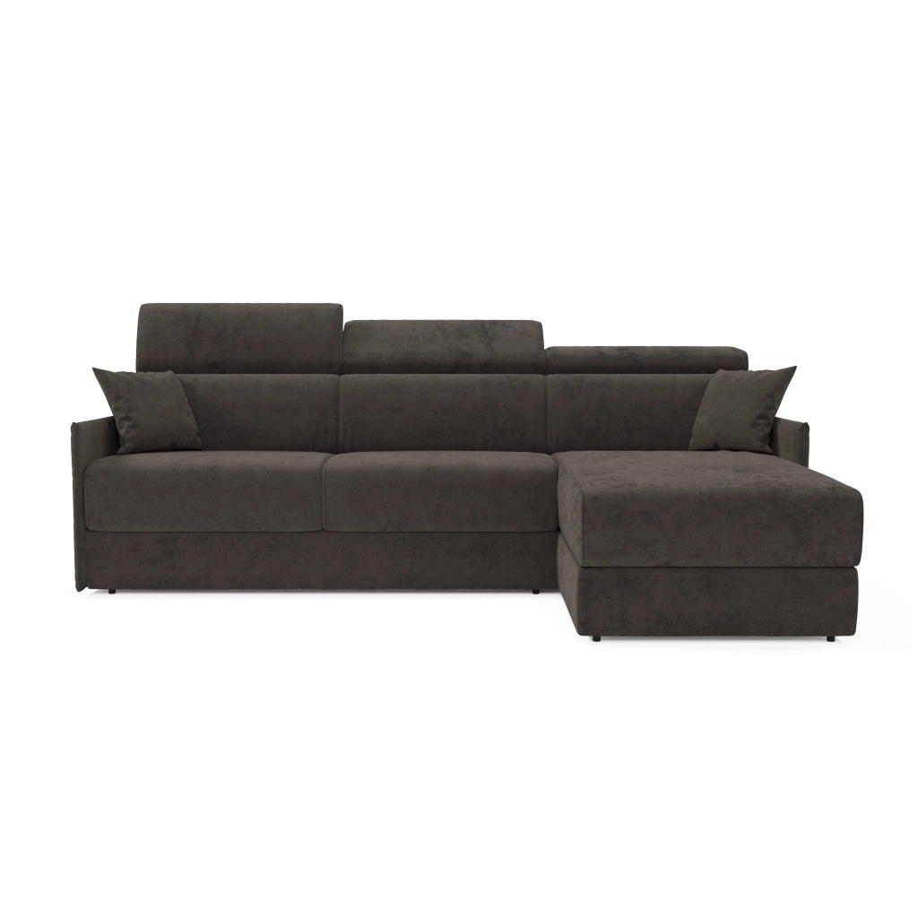 Miryam divano letto angolare compatto - poggiatesta reclinabili e penisola contenitore in tessuto smacchiabile T31 252 cm destro nero fumo