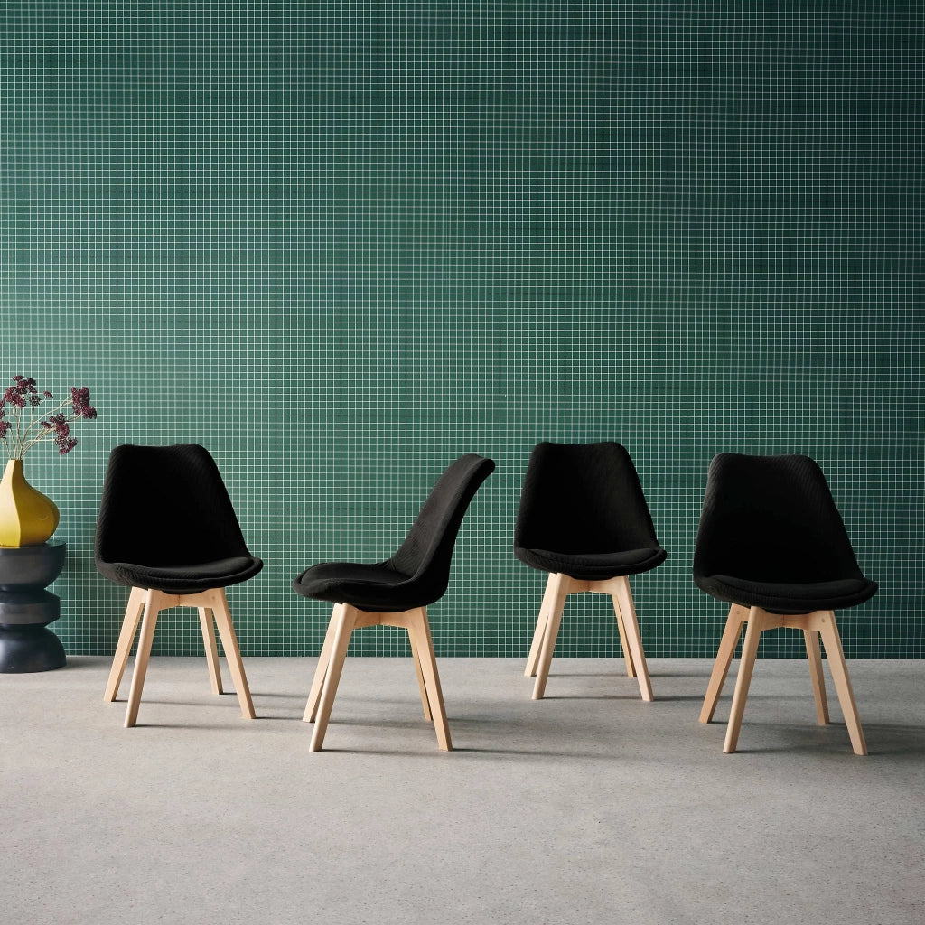 Set di 4 sedie scandinave in legno di faggio e velluto a coste , nero