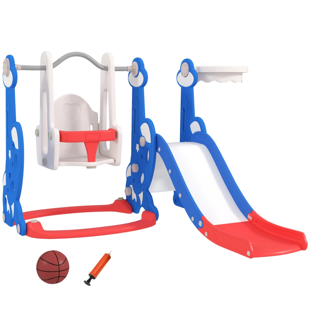 Scivolo per Bambini 4 in 1 con Altalena Scaletta da Arrampicata e Canestro 147,5x160x107 cm in PP e PE Blu scuro