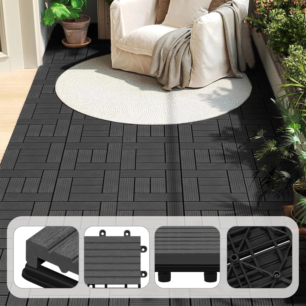 Pavimenti da Esterno Balcone/Giardino/Terrazza Piastrelle ad Incastro in WPC, Legno Composito Antracite (22 Pannelli / 2 ㎡)