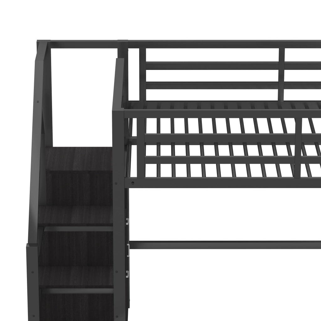 Letto a soppalco 140 × 200 cm con scaffale, armadio, scala contenitore e LED, senza materasso, nero