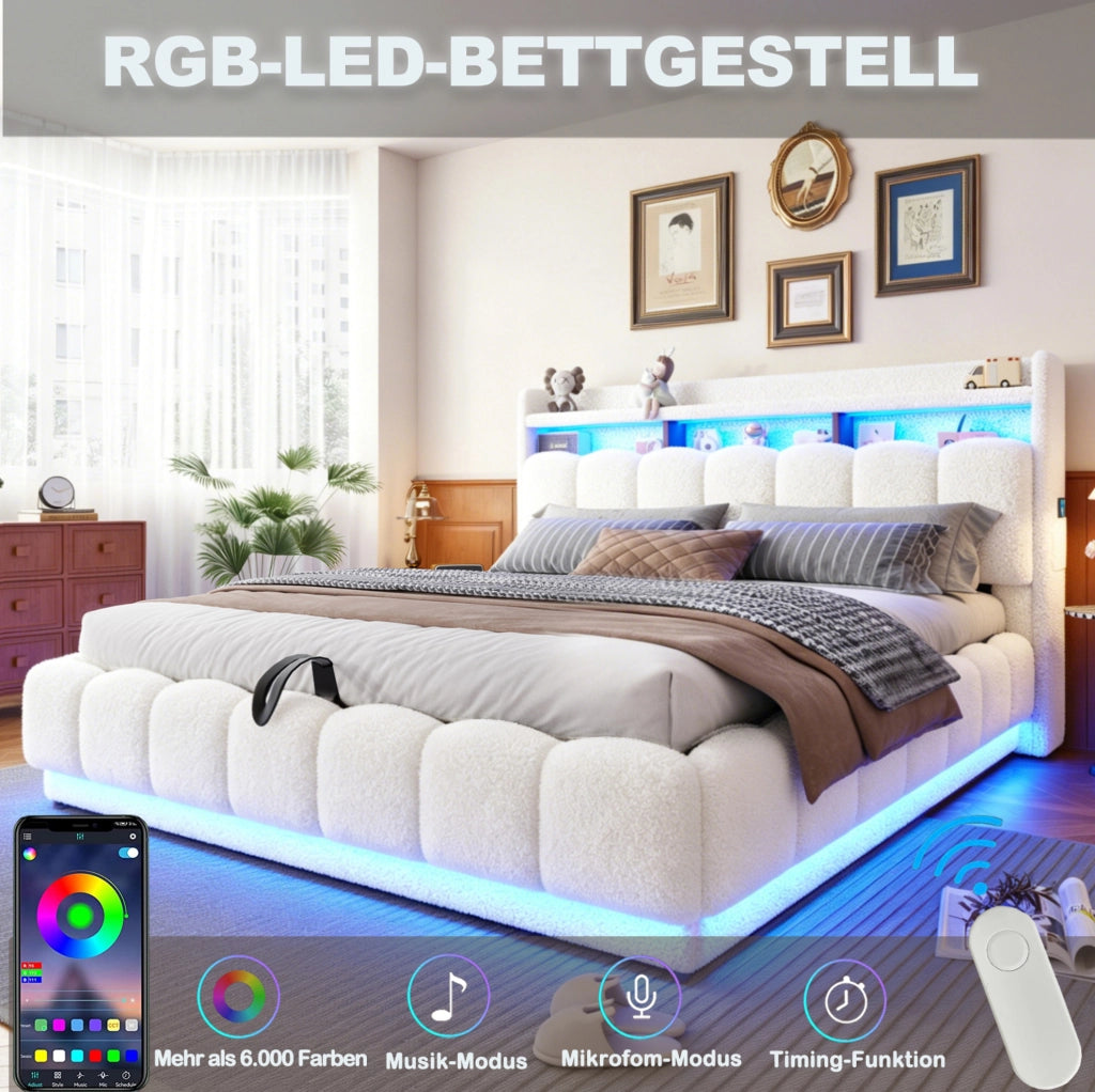 Letto imbottito 180x200 cm con contenitore, LED e USB, bianco