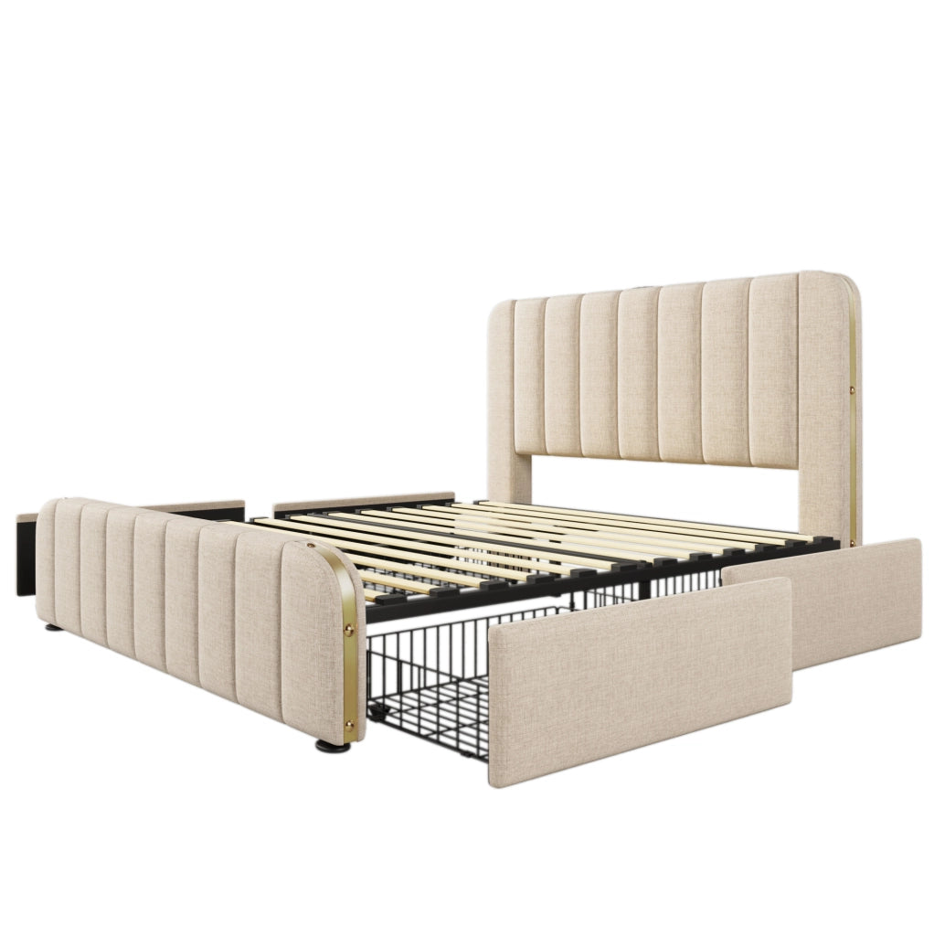 Letto matrimoniale imbottito ULEVR 160x200 cm con materasso H3, 4 cassetti, USB e Type-C, beige