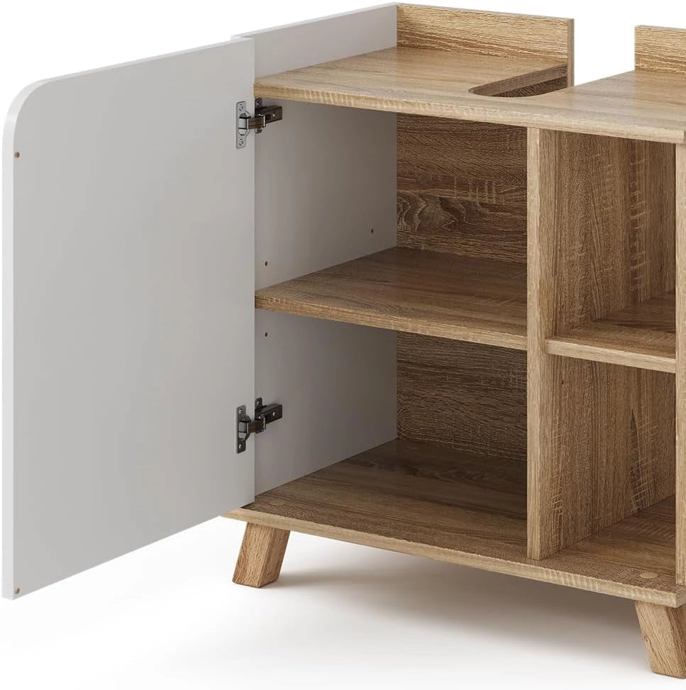Mobile sottolavabo per bagno Karen, Sonoma/Bianco, 60 x 65 cm con anta e vani a giorno, con ritaglio per sifone per il montaggio sotto il lavabo