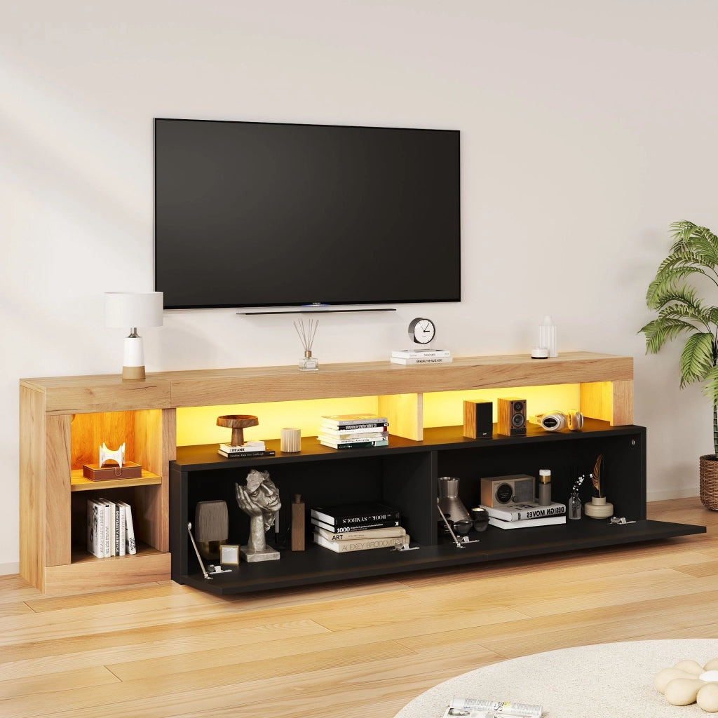 Mobile TV con luci a LED e vani a vista, adatto a televisori da 80 pollici, nei colori legno naturale e nero