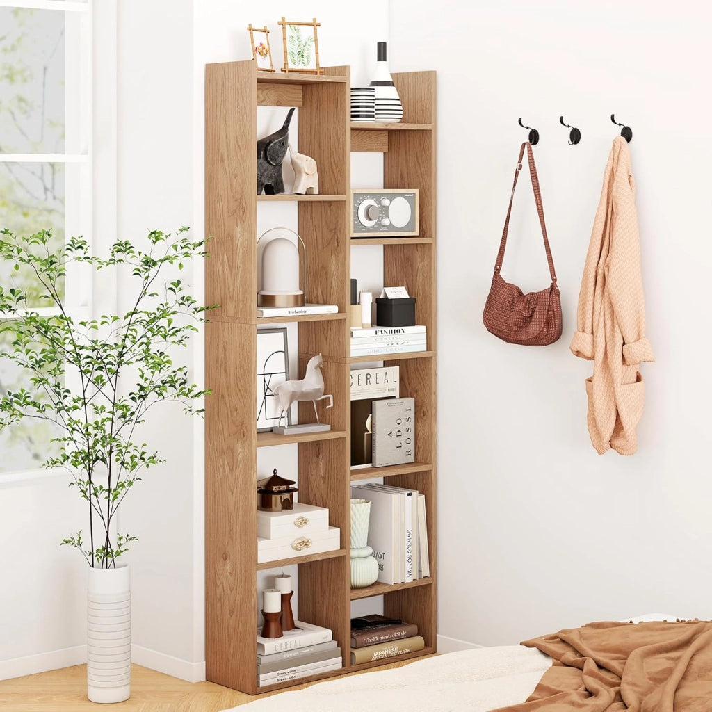 Libreria, scaffale con 12 scomparti aperti e 2 fusibili ribaltabili, 65 x 20 x 162 cm, scaffale in legno, per soggiorno, ufficio e camera da letto (naturale)