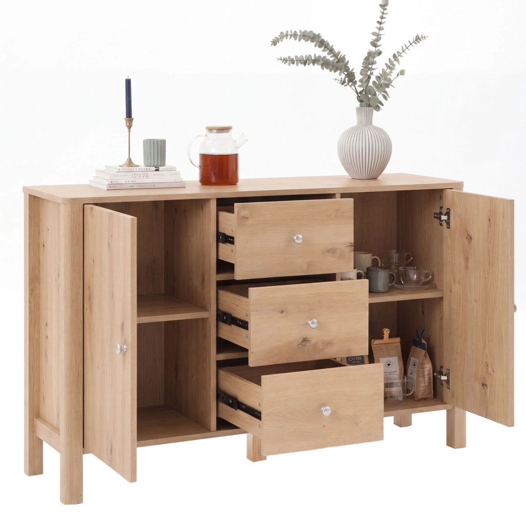Credenza moderna 120x40x80 cm con 3 cassetti e 2 ante; rovere; pannello truciolare