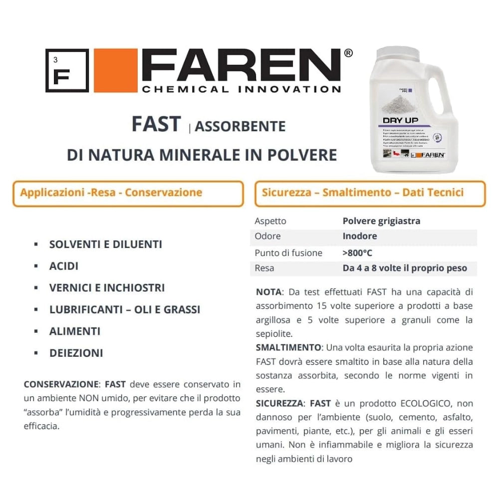 Faren dry up polvere assorbente ecologica ideale per olio, vernici, acidi 900gr.