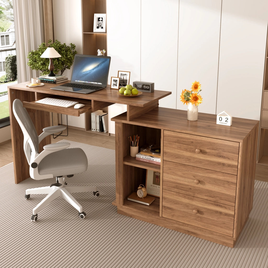 Scrivania con piano estraibile; 2 vani e 3 cassetti - per studio - in MDF - noce