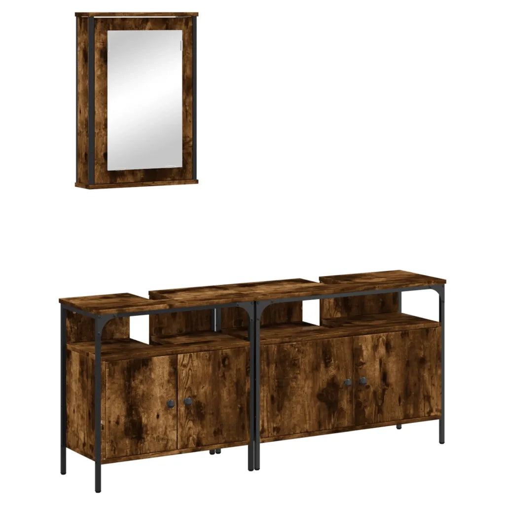 Set Mobili da Bagno | Armadio da bagno 3 pz Rovere Fumo in Legno Multistrato
