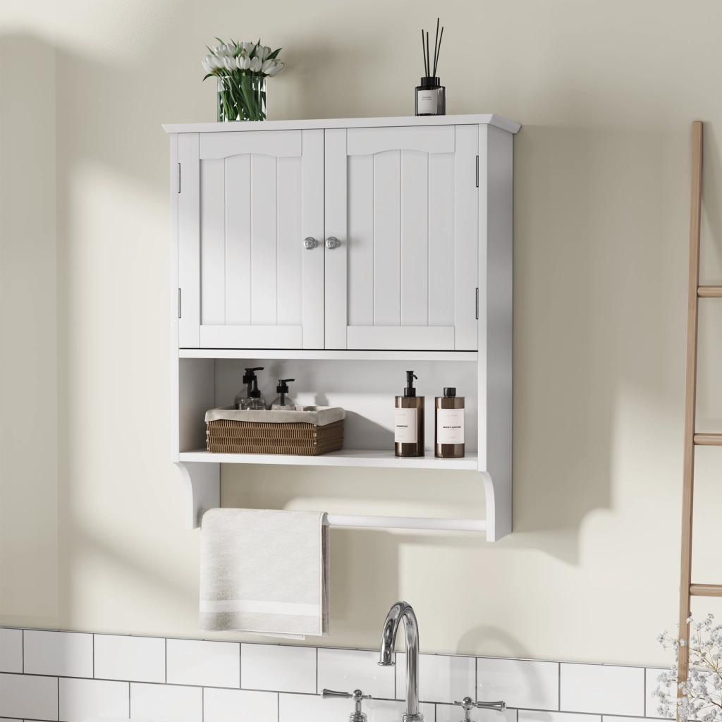 Armadietto da bagno con 1 anta, ripiani regolabili e portasciugamani, per bagno, in MDF, bianco, 56.8 × 19 × 70 cm