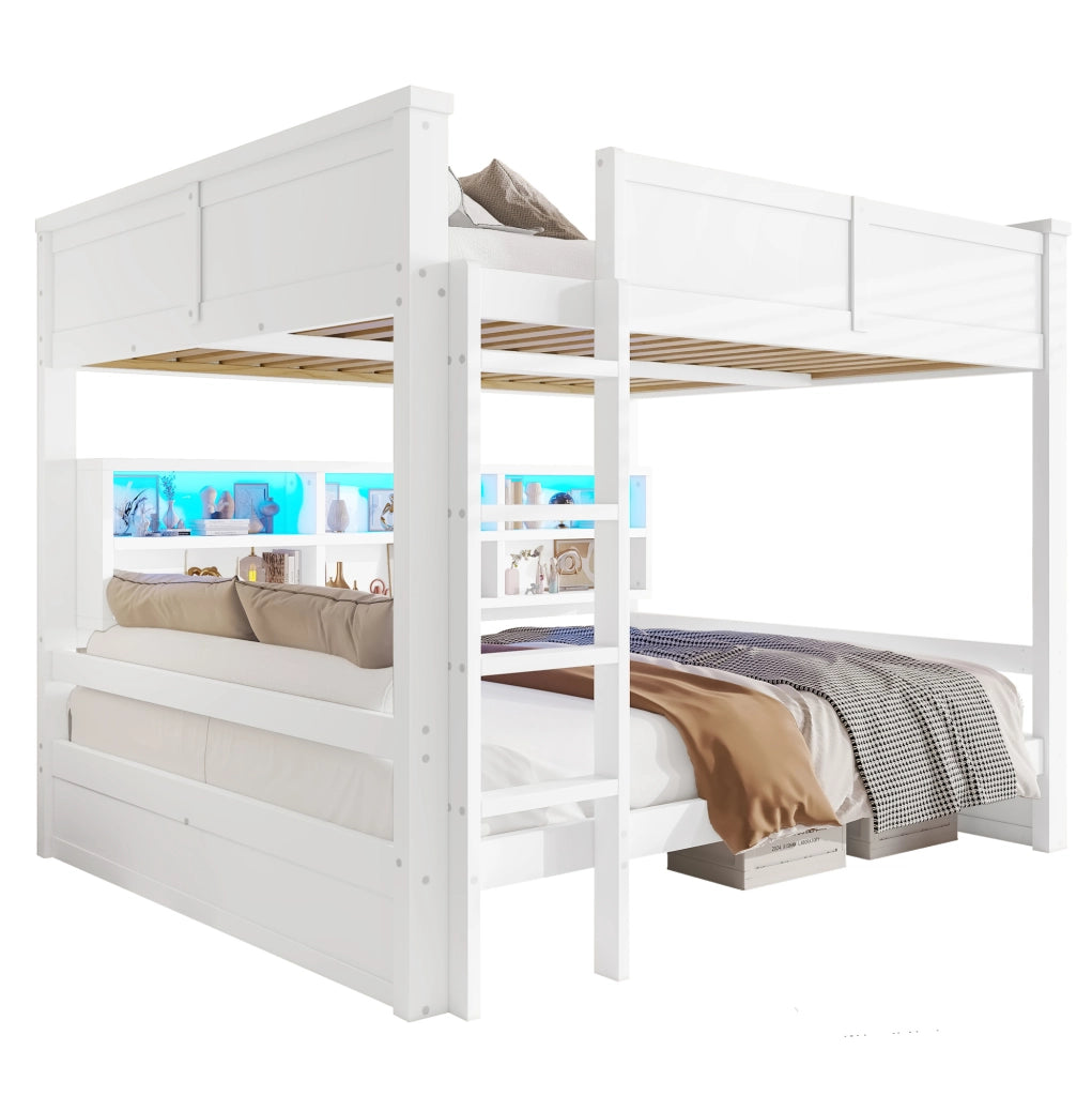 Letto a castello 160x200 cm con 6 vani contenitore e luce LED; bianco; in pino e MDF