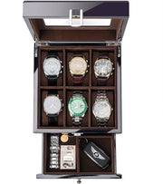 Box orologeria in legno per signori, 6 compartimenti, organizzatore per orologi da uomo con vetrata superiore, 2 strati di display in legno lucido per la conservazione degli orologi – nero