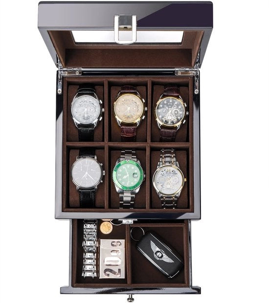 Box orologeria in legno per signori, 6 compartimenti, organizzatore per orologi da uomo con vetrata superiore, 2 strati di display in legno lucido per la conservazione degli orologi – nero