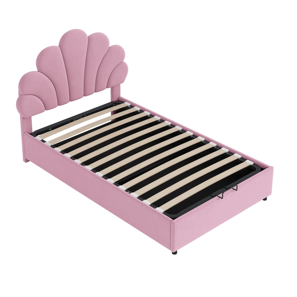 OKWISH Letto Contenitore 90×200 cm, Letto Singolo con Testiera Regolabile e Contenitore Idraulico, senza Materasso, in Velluto, Rosa