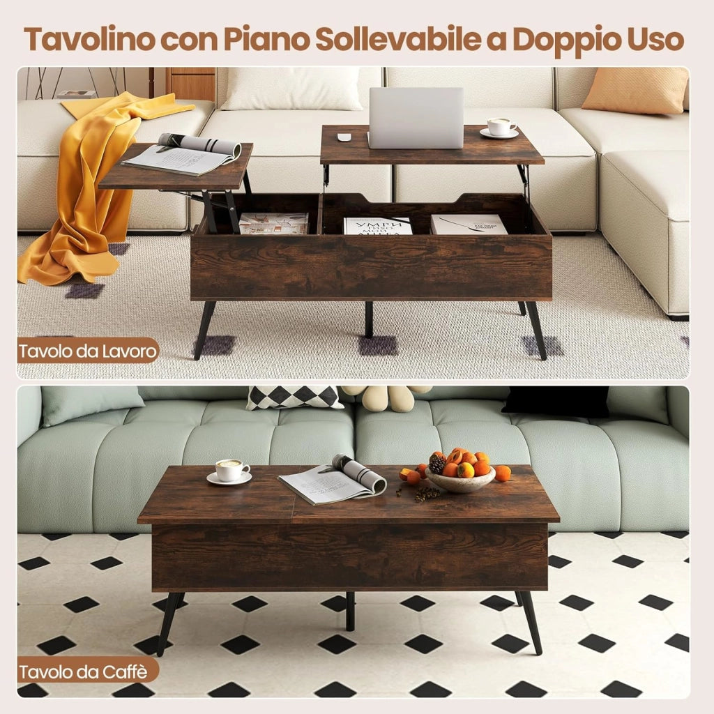 Tavolino da Caffè con Piano Sollevabile, Tavolino Moderno con 2 Scomparti Nascosti e Gambe in Metallo, Tavolo per Soggiorno, Studio e Ufficio, 111 x 48 x 40-53,5 cm (Marrone)