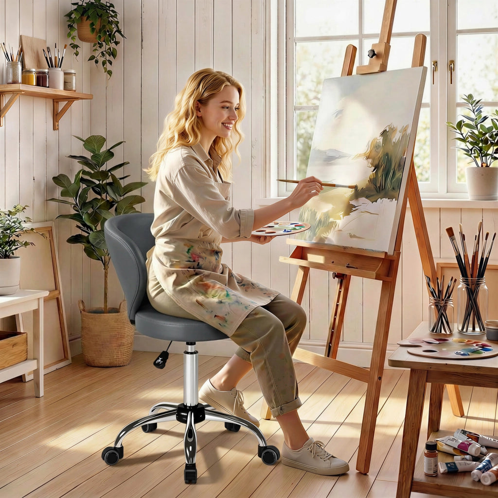 Sgabello da massaggio regolabile con rotelle e schienale ¨C zephmum ¨C grigio similpelle 73-88 cm