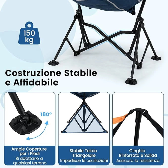 Sedia da Campeggio Amaca, Sedia a Dondolo Pieghevole con Portabicchieri, Schienale Regolabile, Poggiatesta, Sedile a Dondolo per Giardino, Patio, Prato, Portata 150 kg (Blu)