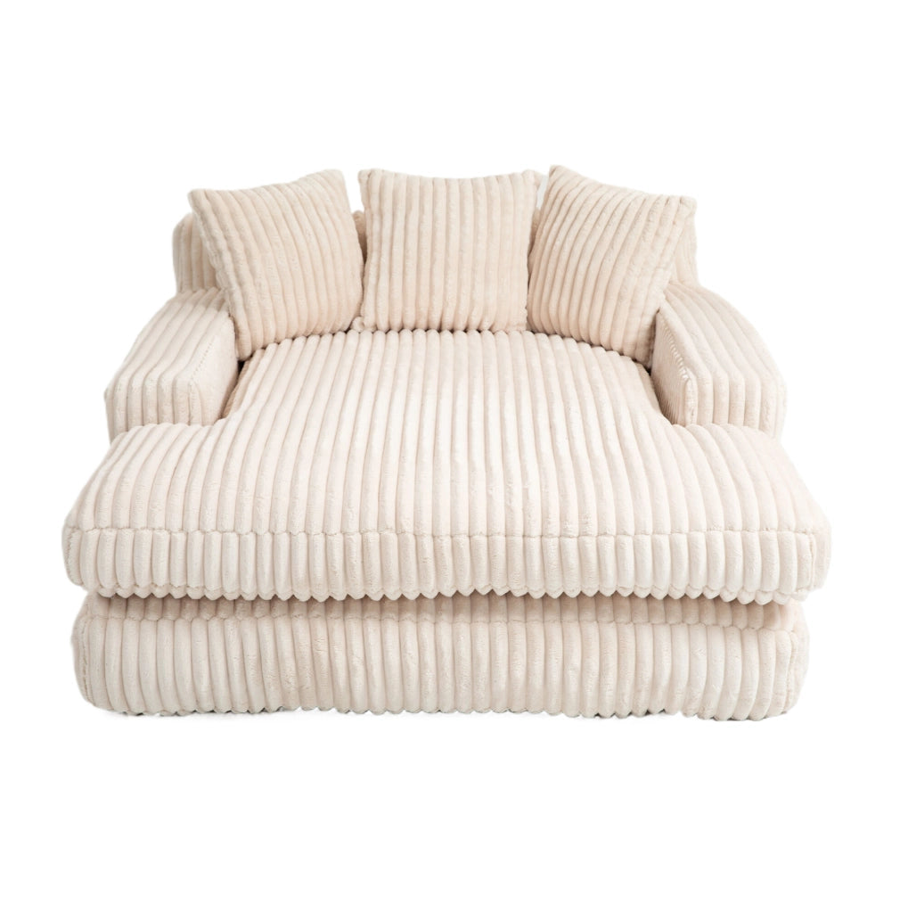 Poltrona chaise longue beige in velluto a coste con 3 cuscini; 125 x 155 x 63 cm
