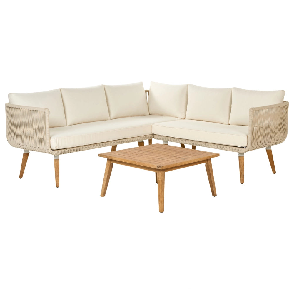 Set Giardino Rattan Beige Divano Ad Angolo Tavolo In Legno Patio Esterno Moderno 5 posti