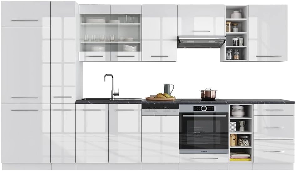 Cucina componibile Fame-Line, Bianco lucido/bianco, 355 cm senza piano di lavoro, adatto per l'espansione personalizzata con moduli aggiuntivi