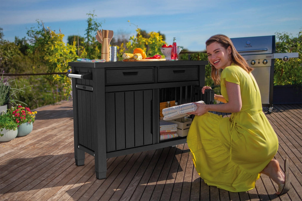 Tavolino per Barbecue 134x90x52 cm con Cassetti e Accessori Keter Unity XL Grafite