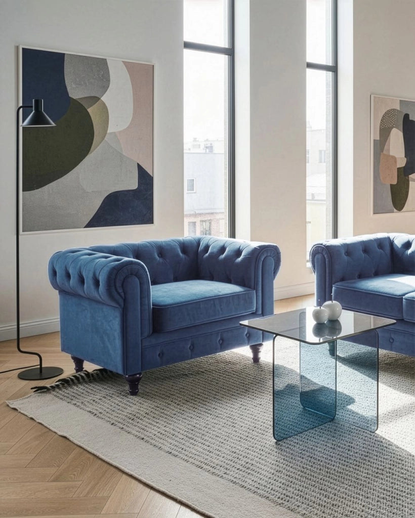 Poltrona Chesterfield Rivestimento in Tessuto Velluto Blu Gambe in Legno Scuro Contemporaneo