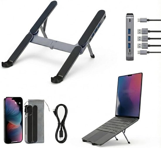 Stand per Laptop Ultra Compatta con Hub USB 4 Porte - Ripiegabile & Portatile per Viaggi, Biblioteca, Casa & Ufficio, Sostituto Ergonomico per Laptops & Tablet da 10 a 16" con 6 Livelli di Regolazione