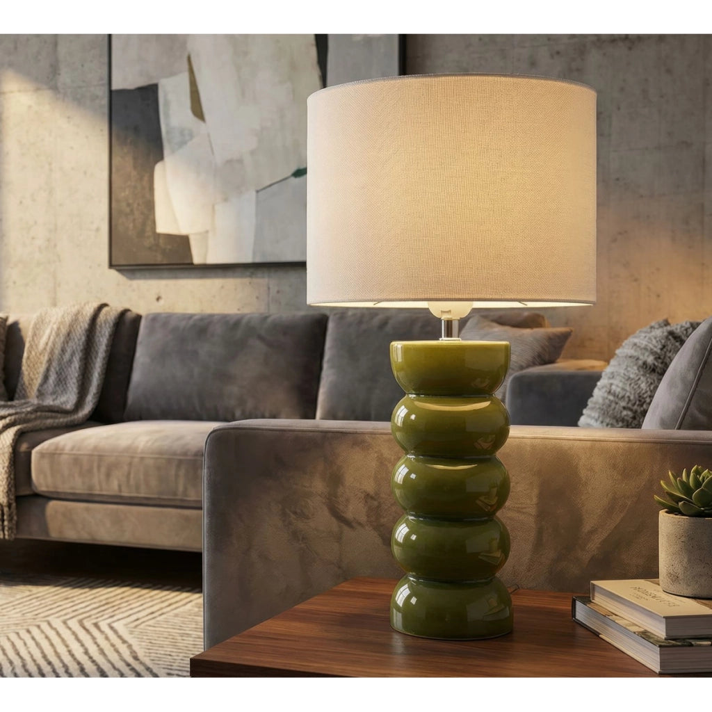 Lampada da tavolo TORR in ceramica verde oliva e tessuto