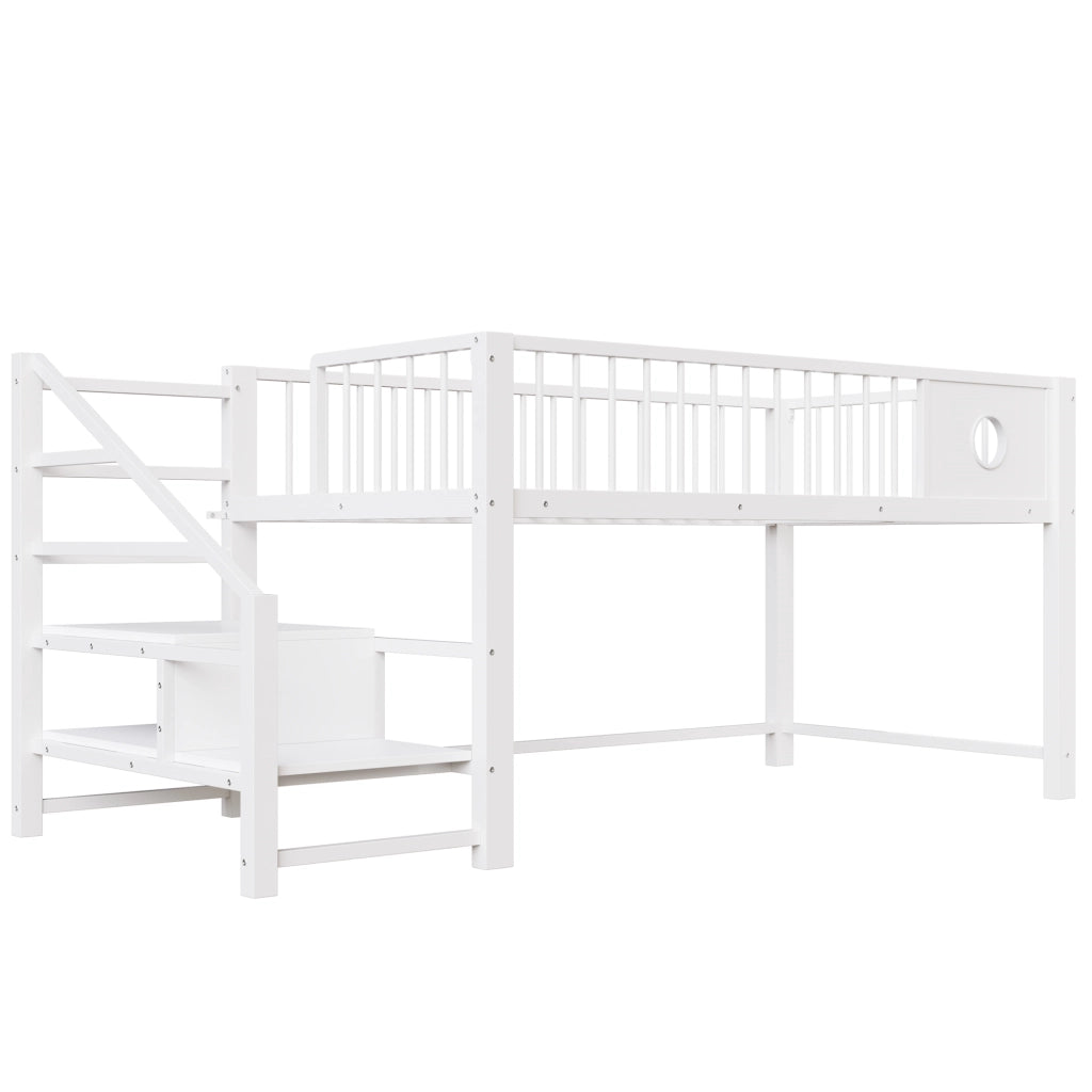 Letto a soppalco basso per bambini 90x200 cm in metallo, con scala contenitore, bianco