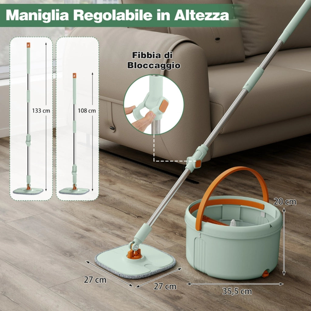 Sistema con mocio piatto e secchio con 2 panni in microfibra lavabili, Sistema di pulizia per pavimenti bagnati e asciutti Verde