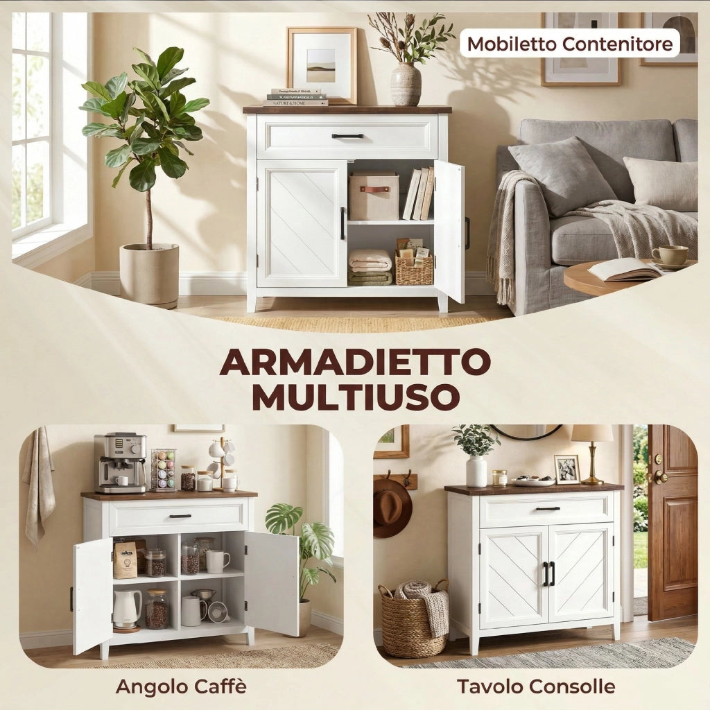 Credenza Moderna Stile Rustico 76x35x80 cm con 2 Ante in MDF Bianco