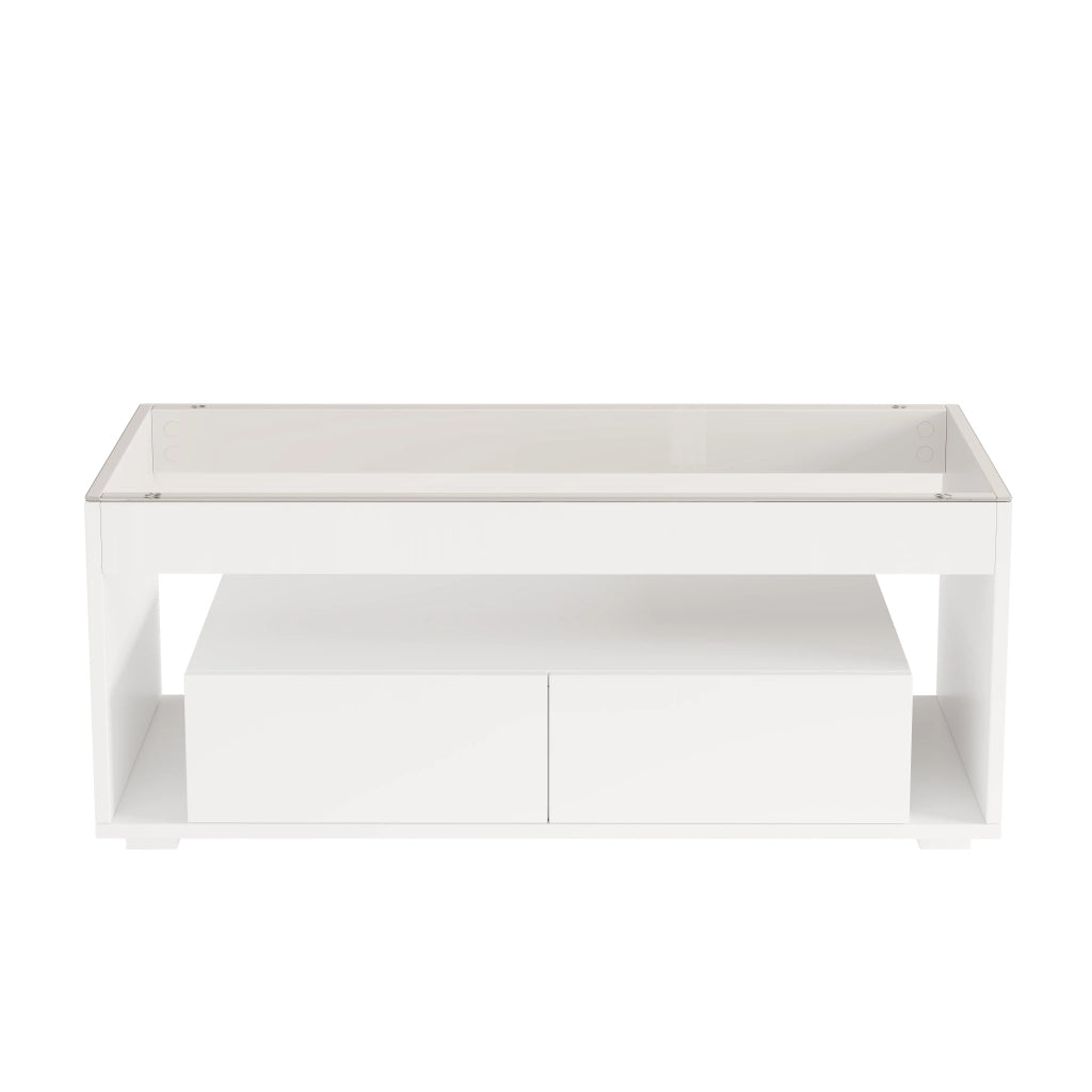 TAVOLO da caffè 100x50x40 cm Bianco con LED, 2 cassetti, vetro temperato