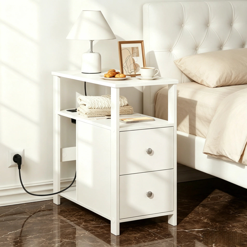 Tavolino laterale stretto bianco con prese elettriche e USB, 60x60x30 cm