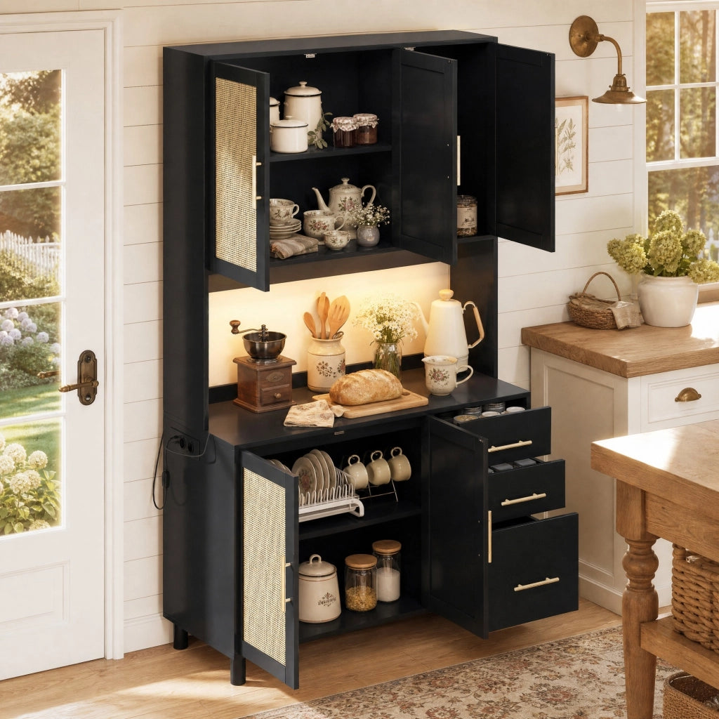 Credenza da cucina in MDF con illuminazione LED, 3 cassetti, prese USB e ripiani regolabili