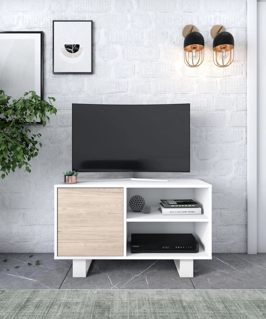 Mobile per Soggiorno composto da 1 Mobile TV100 e 1 Tavolino Bianco/colore Rovere, Gambe Bianche RF1126