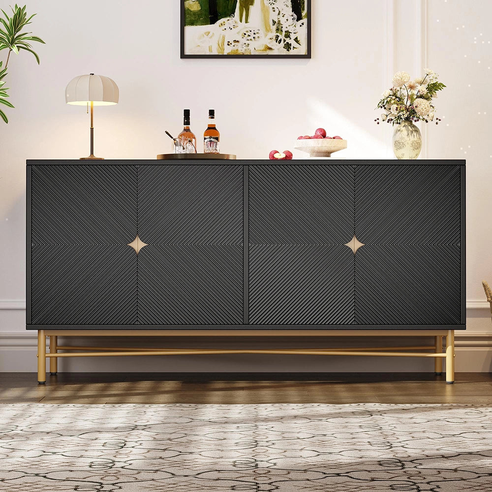 Credenza 160cm Texturizzata - Xylo - 4 Ante con Maniglie Oro, Colore Nero