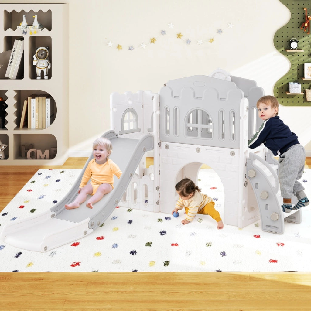 Scivolo per bambini 9 in 1 con canestro da basket e spazio di archiviazione-Scivolo da interno per bambini 1+ anni Bianco e grigio