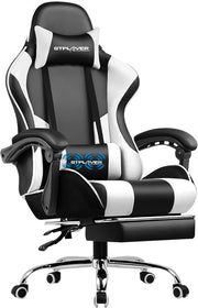 Sedia da gaming massaggiante ergonomica per computer, con poggiapiedi e supporto lombare, regolabile in altezza, sedile girevole a 360° e poggiatesta, per ufficio, colore bianco