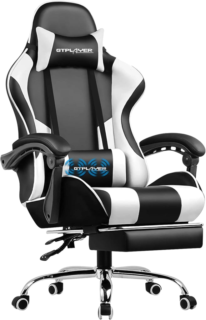 Sedia da gaming massaggiante ergonomica per computer, con poggiapiedi e supporto lombare, regolabile in altezza, sedile girevole a 360° e poggiatesta, per ufficio, colore bianco